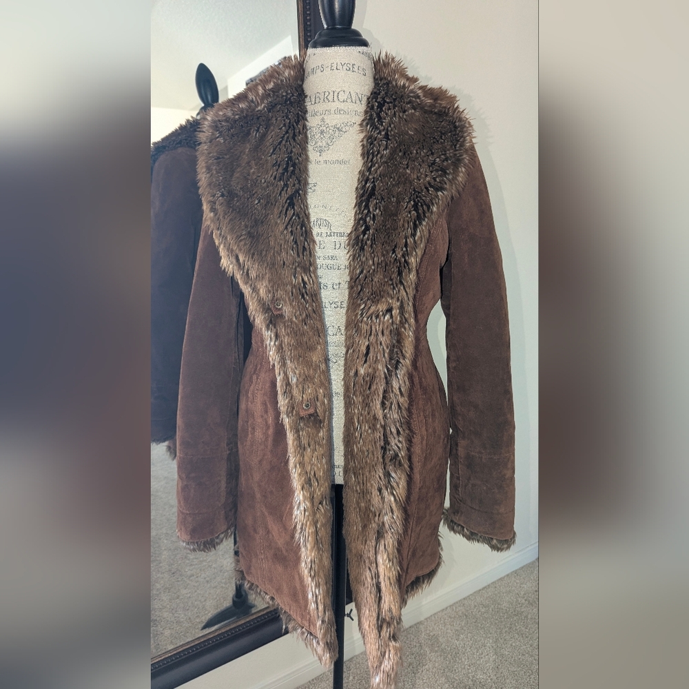 Wilsons Leather Brown Teddy Jacket with Faux Fur Trim Size Large